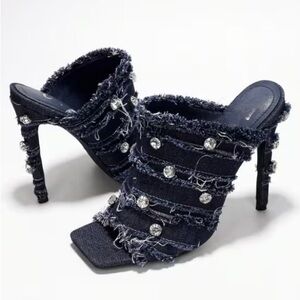 🔥Women's Rhinestone Embellished Denim High Heels – Square Toe Stiletto Mules